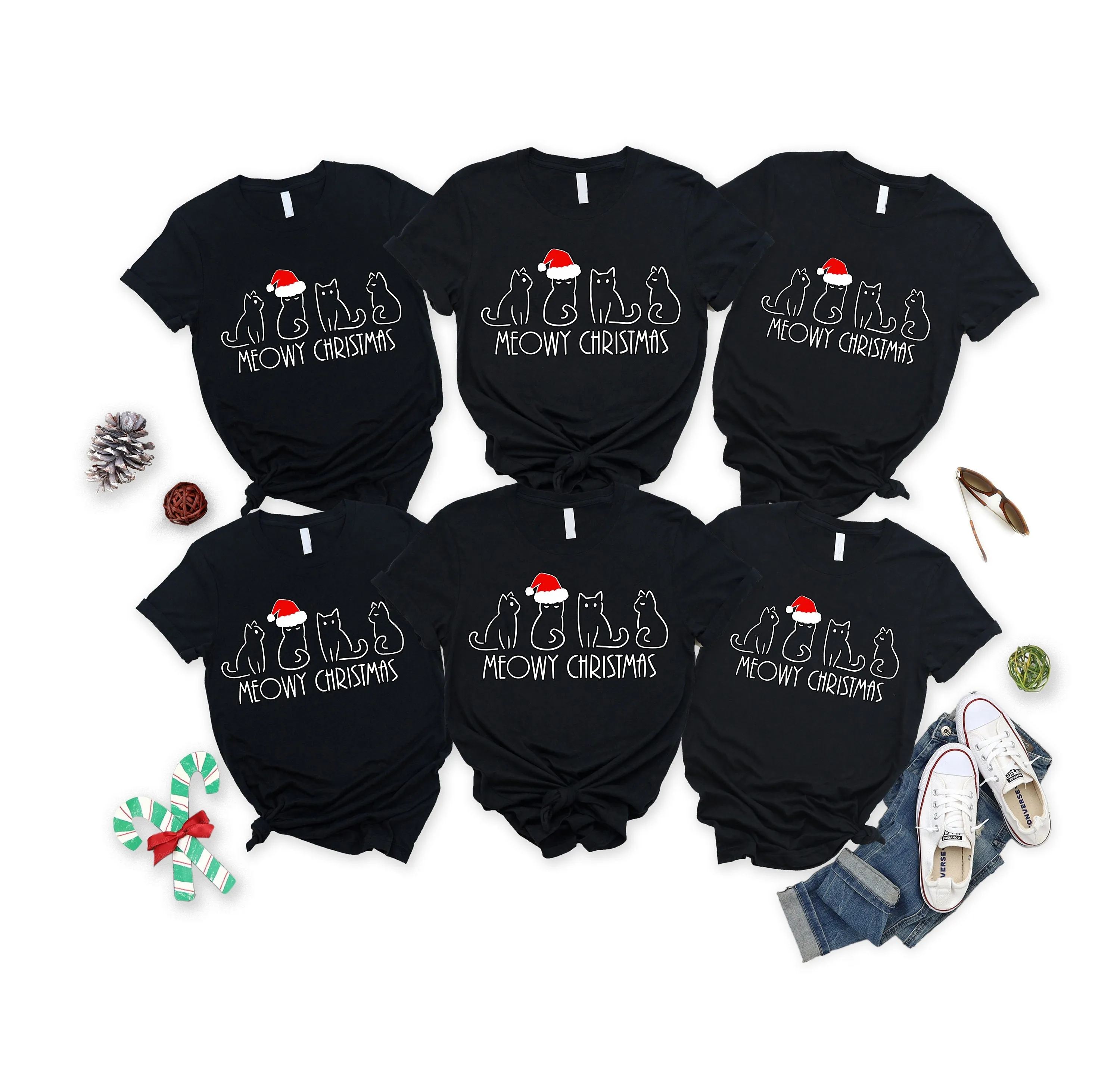 4 Cats 'Meowy Chirstmas' Pattern Family Christmas Matching Pajamas Tops Cute Black Short Sleeve T-shirts With Dog Bandana