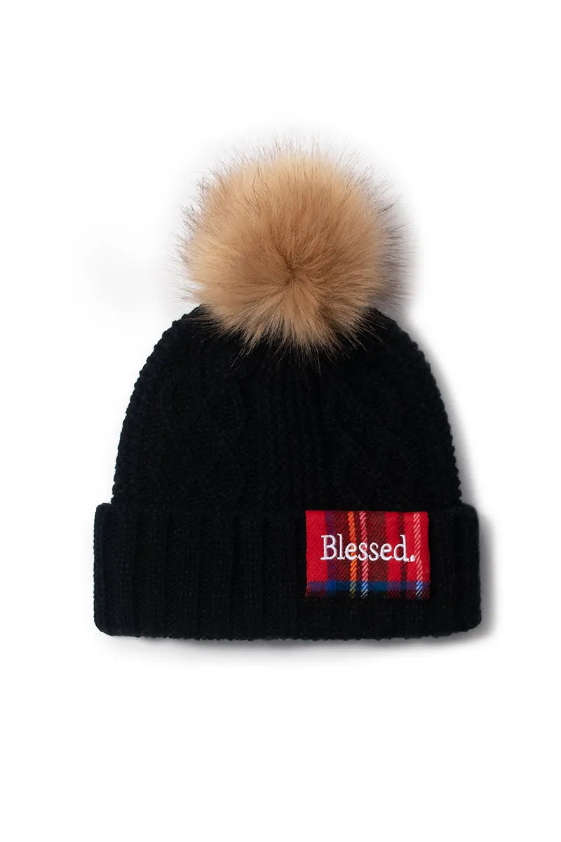 ABB852 - Cable knit beanie with Blessed plaid patch and faux fur pom