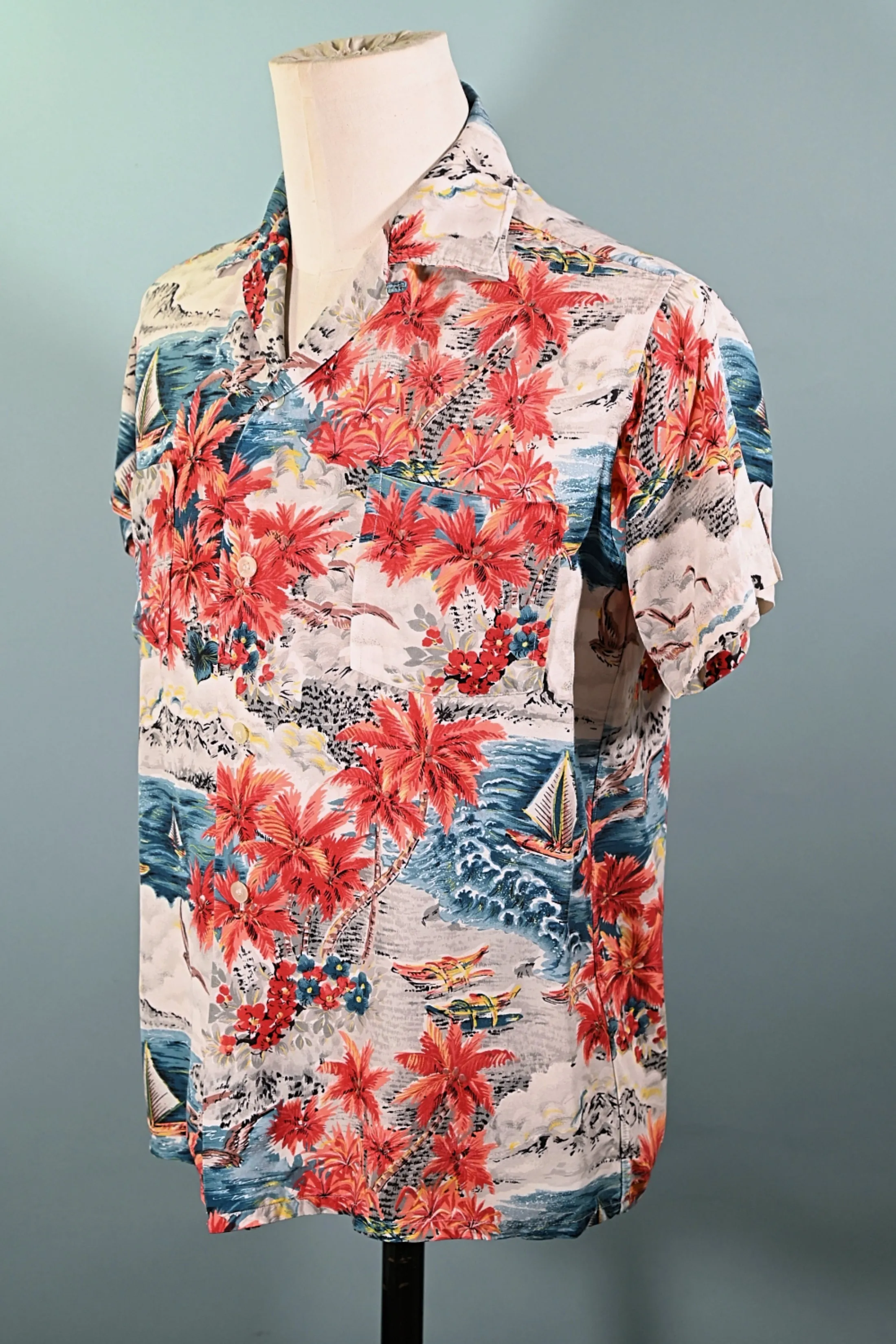 Aloha Screen Print Vintage 50s Rayon Hawaiian Shirt, Made in Japan M