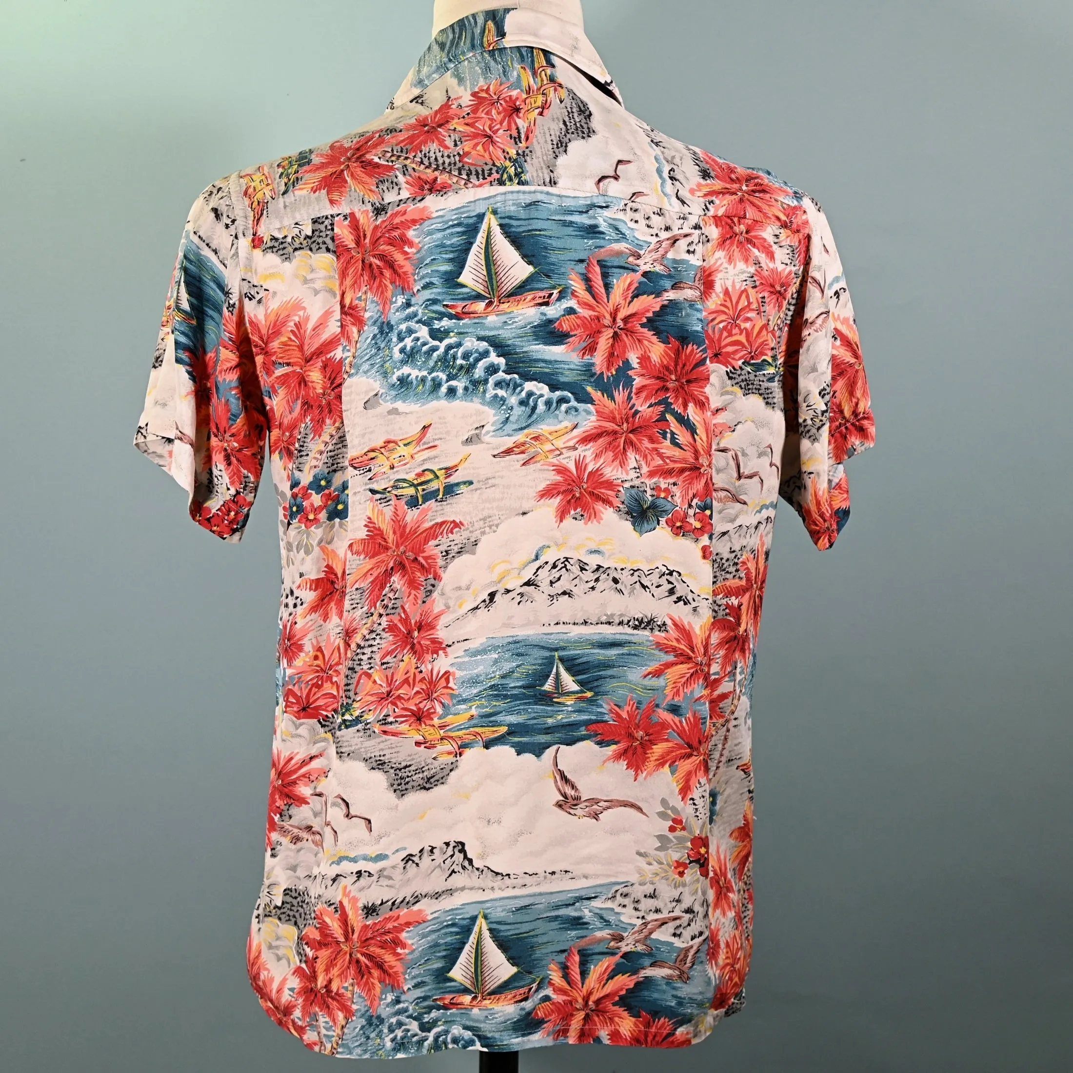 Aloha Screen Print Vintage 50s Rayon Hawaiian Shirt, Made in Japan M