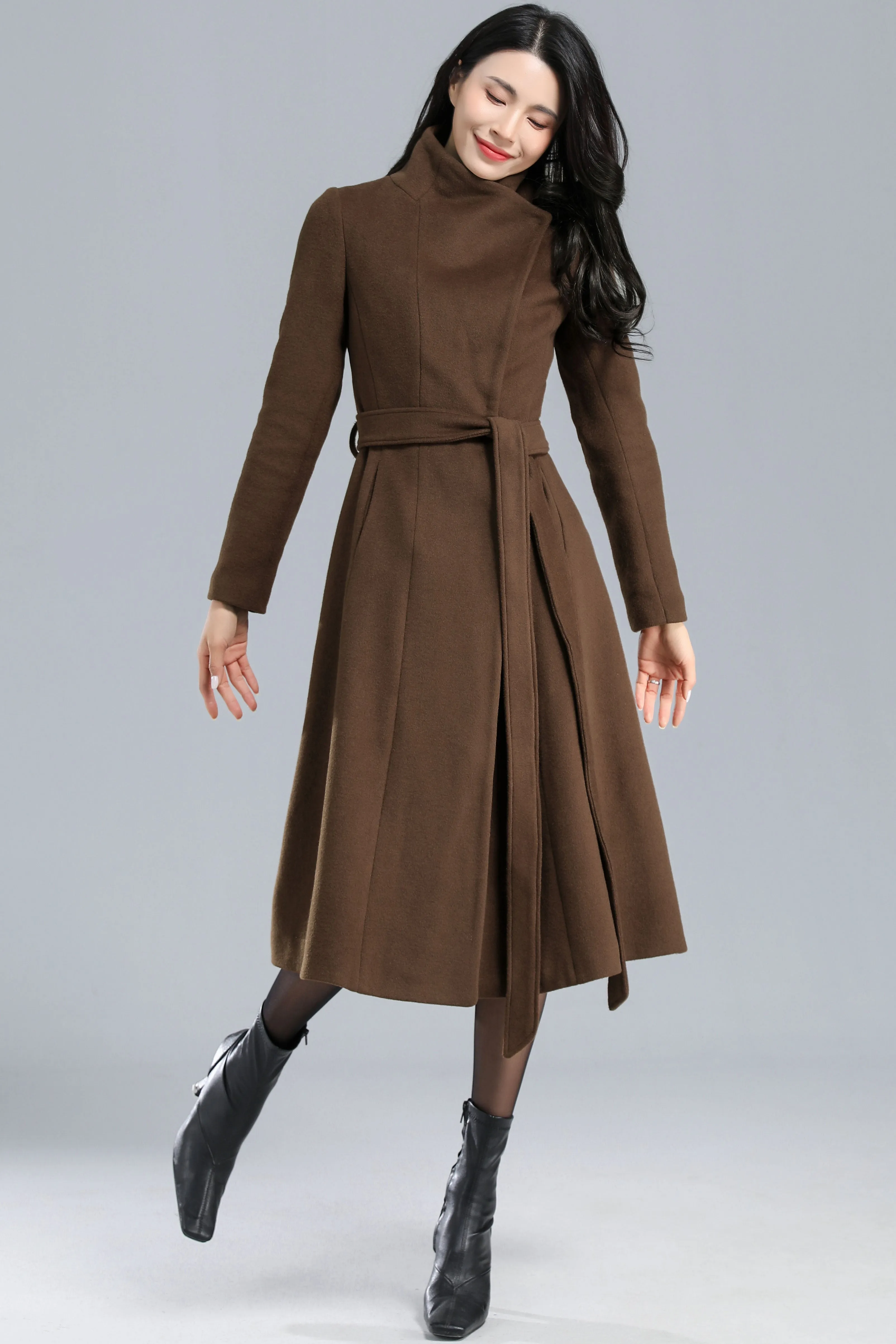 Asymmetrical Wool Coat Brown C2468