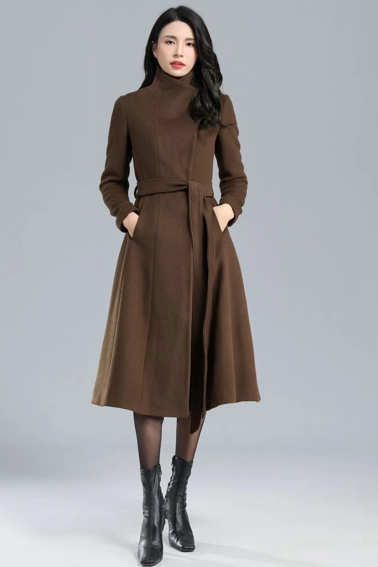 Asymmetrical Wool Coat Brown C2468