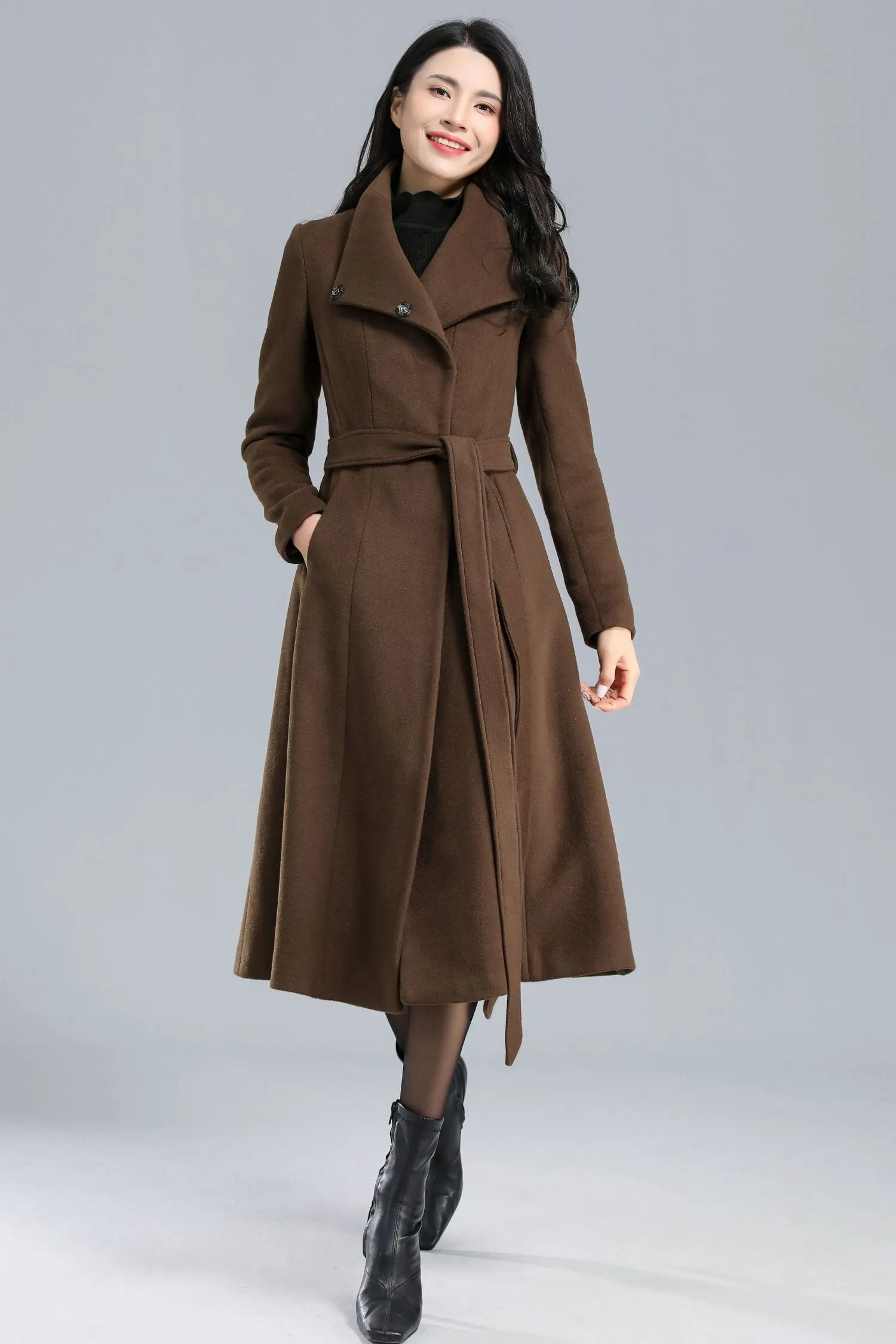 Asymmetrical Wool Coat Brown C2468