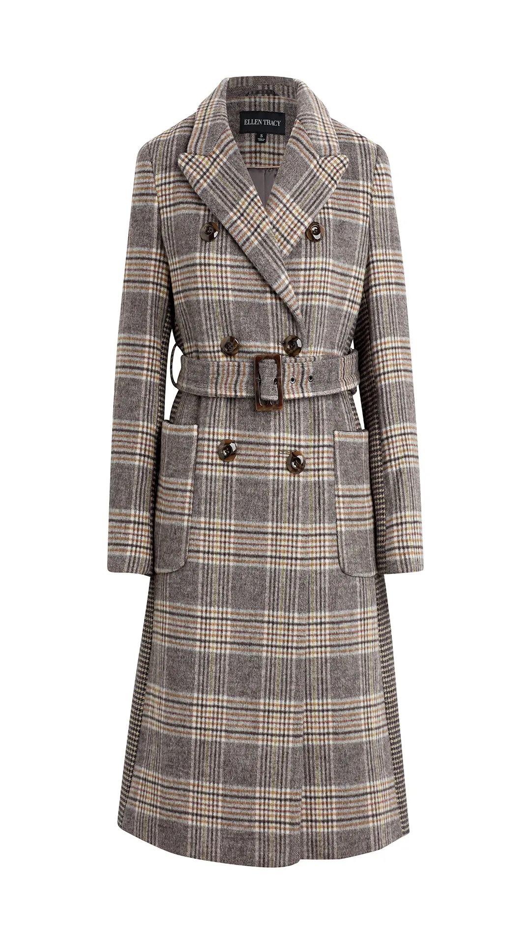 BELTED PLAID WOOL COAT