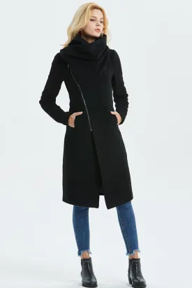 Black Asymmetrical Warm Wool Coat C1327#