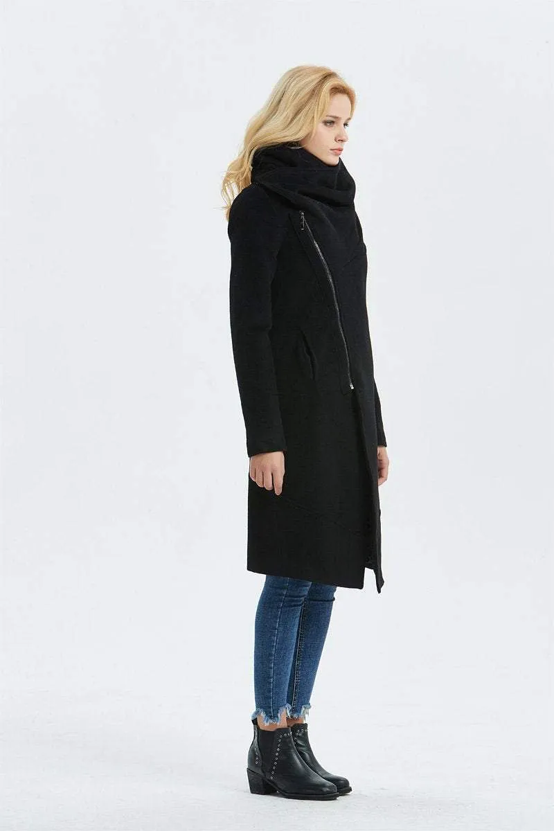 Black Asymmetrical Warm Wool Coat C1327#