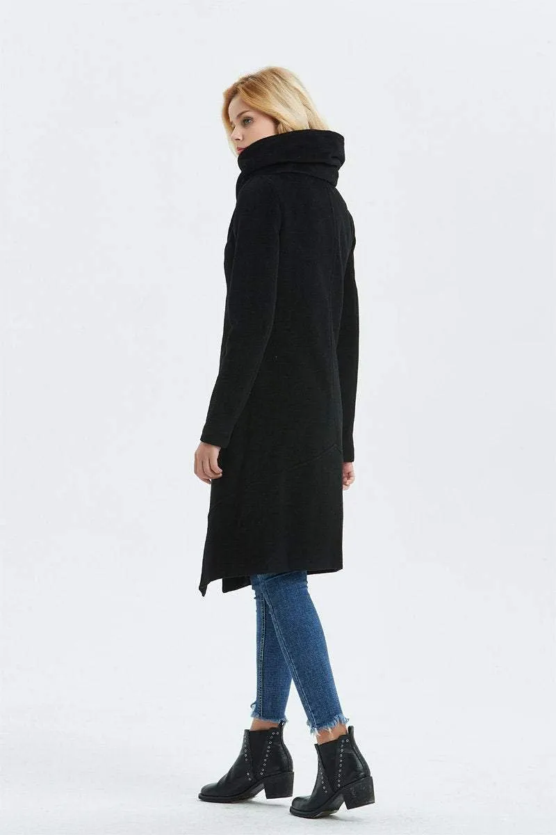 Black Asymmetrical Warm Wool Coat C1327#