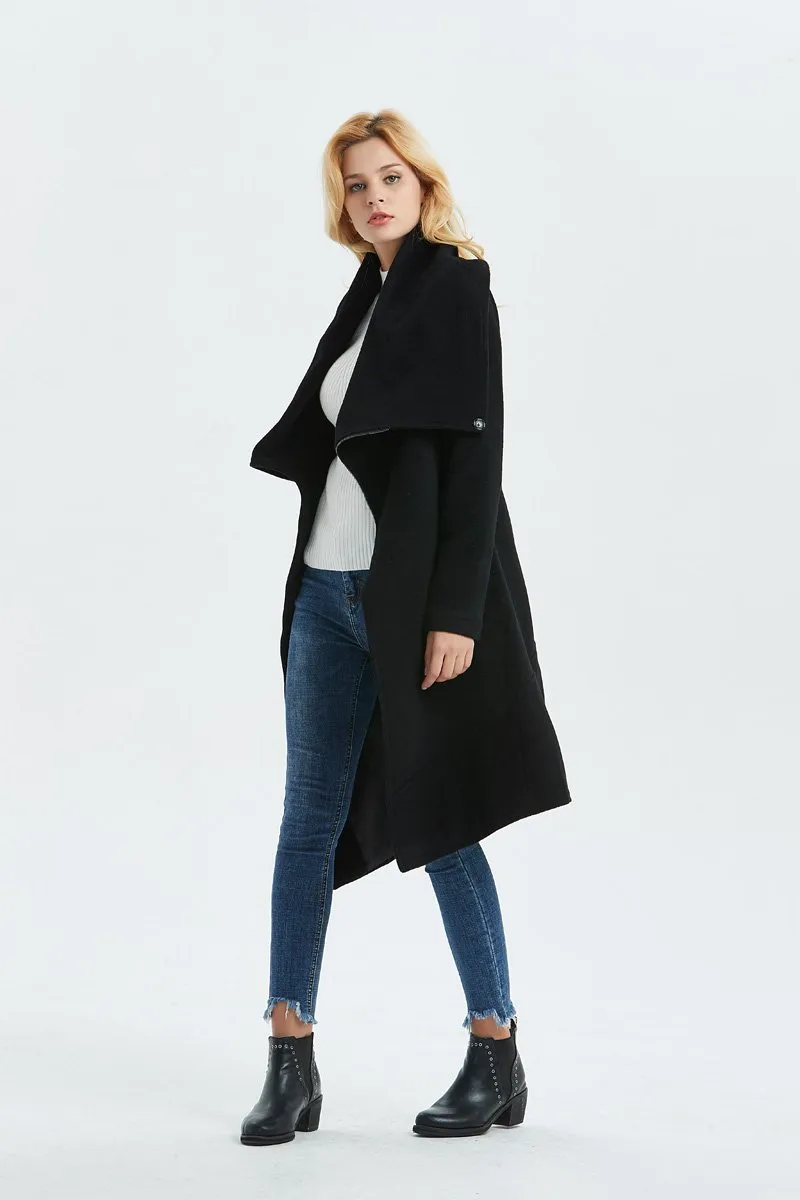 Black Asymmetrical Warm Wool Coat C1327#