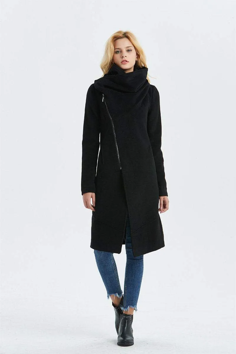 Black Asymmetrical Warm Wool Coat C1327#