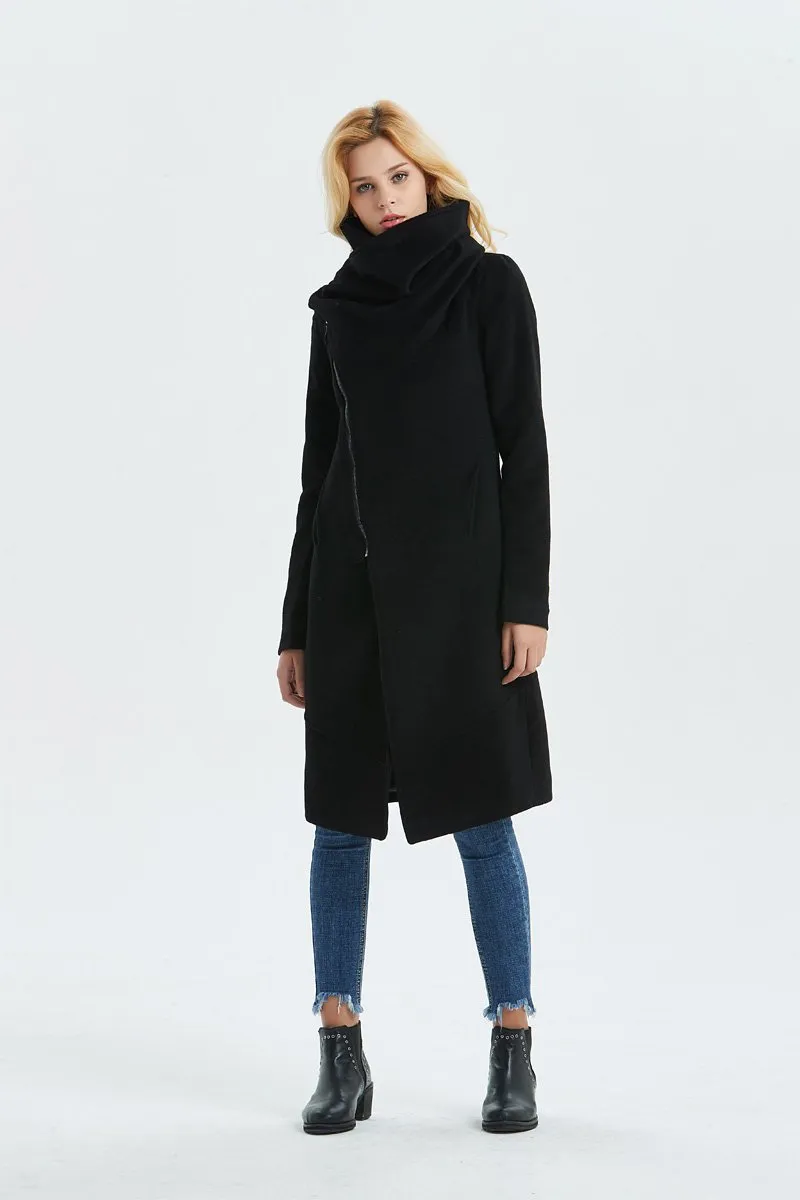 Black Asymmetrical Warm Wool Coat C1327#