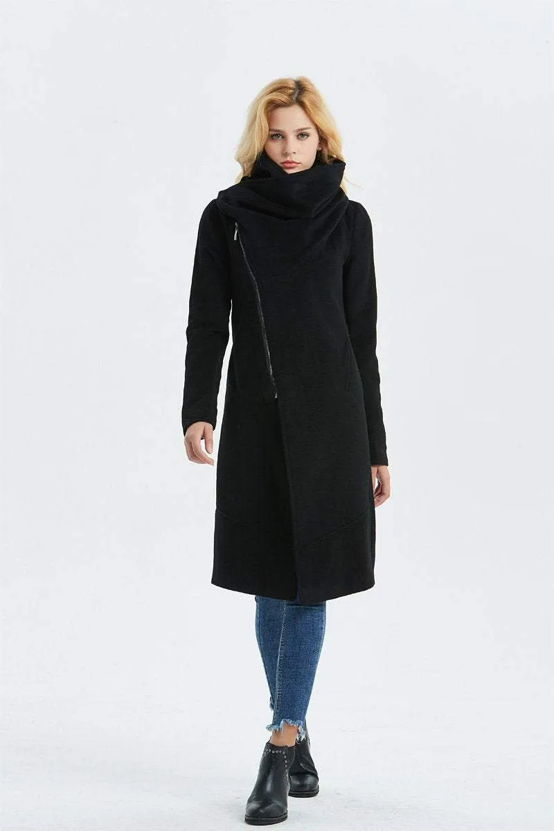 Black Asymmetrical Warm Wool Coat C1327#