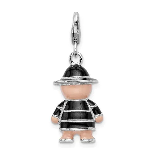 Black Hat and Coat Enamel Teddy Bear Charm (Silver)