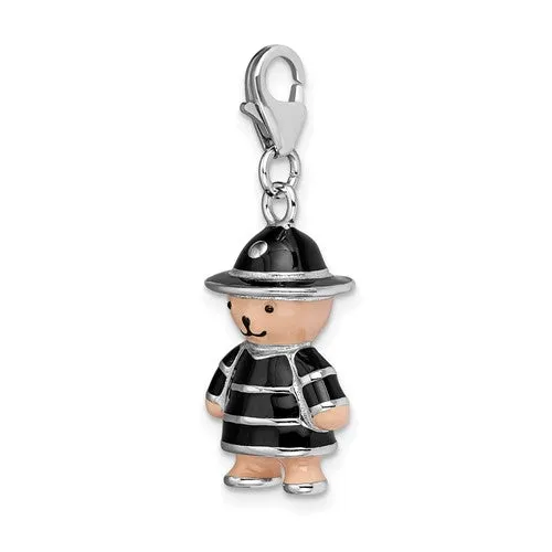 Black Hat and Coat Enamel Teddy Bear Charm (Silver)