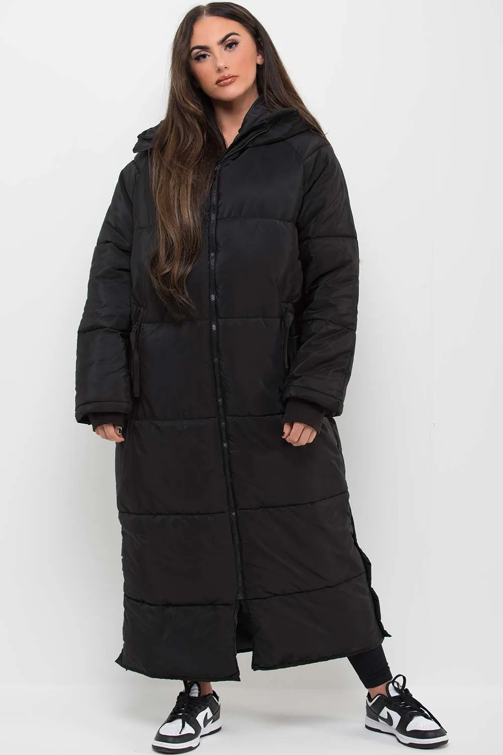 Black Long Puffer Padded Coat With Hood