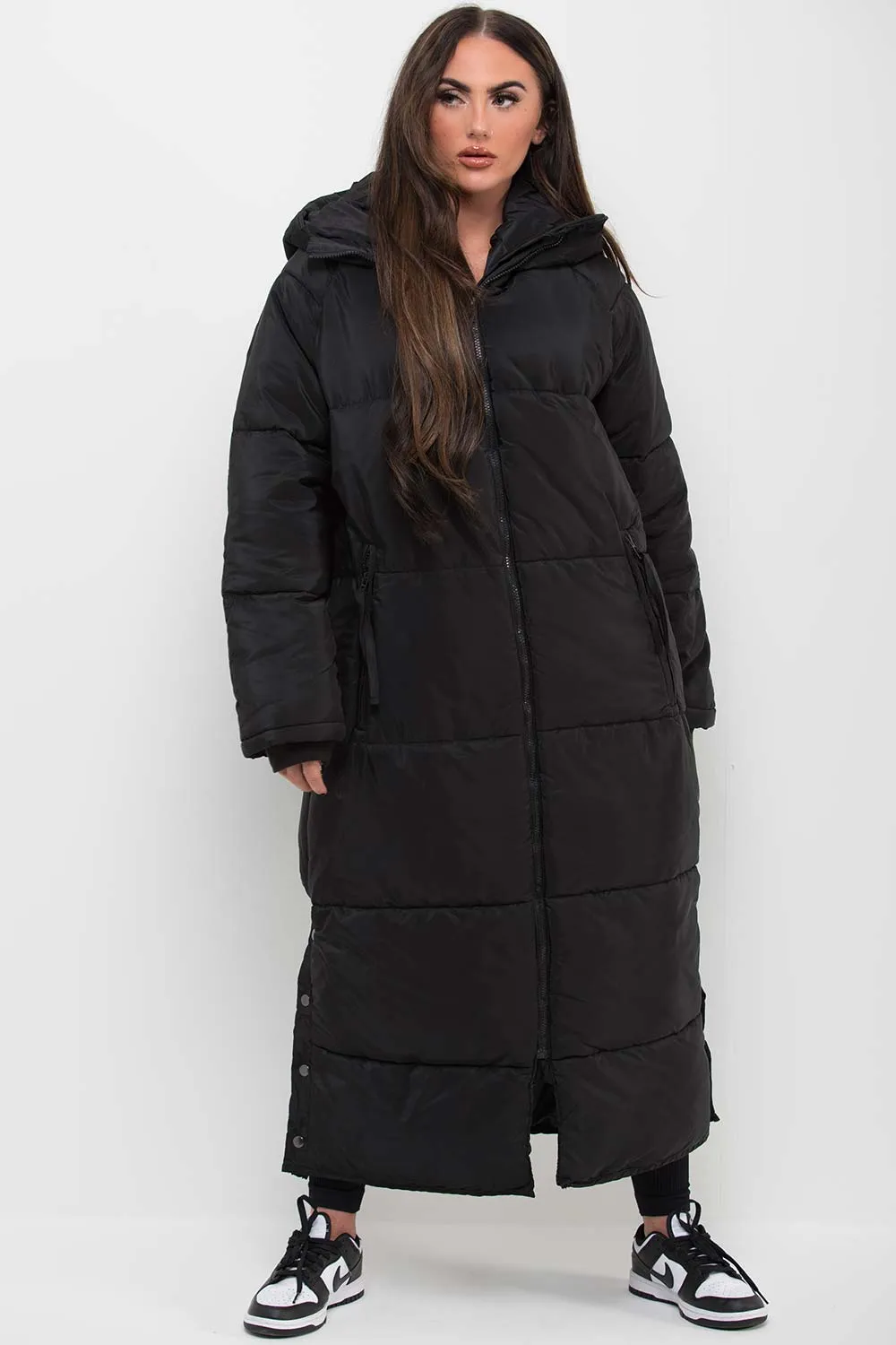 Black Long Puffer Padded Coat With Hood