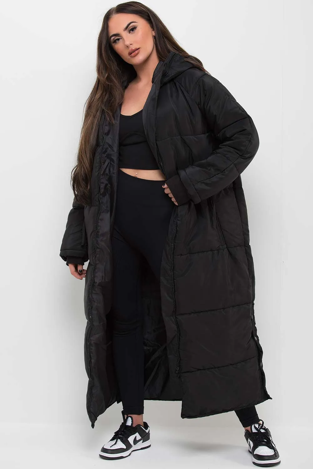 Black Long Puffer Padded Coat With Hood