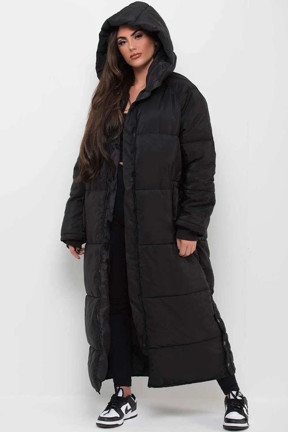 Black Long Puffer Padded Coat With Hood