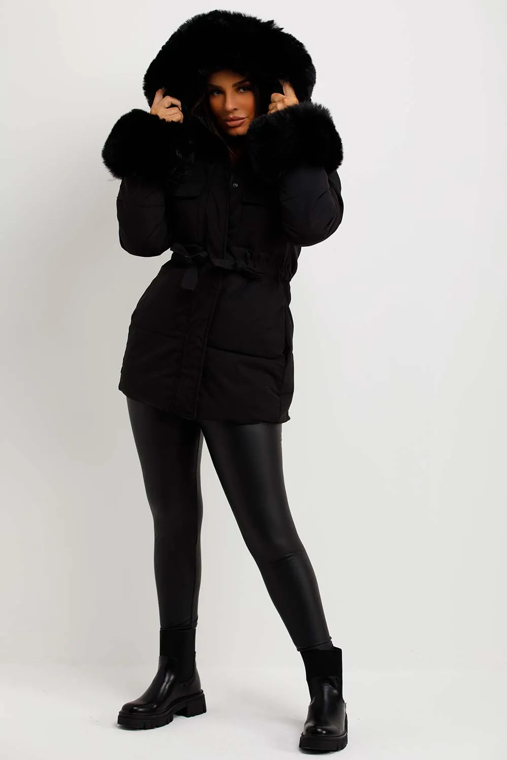 Black Puffer Coat With Faux Fur Hood Cuff And Drawstring