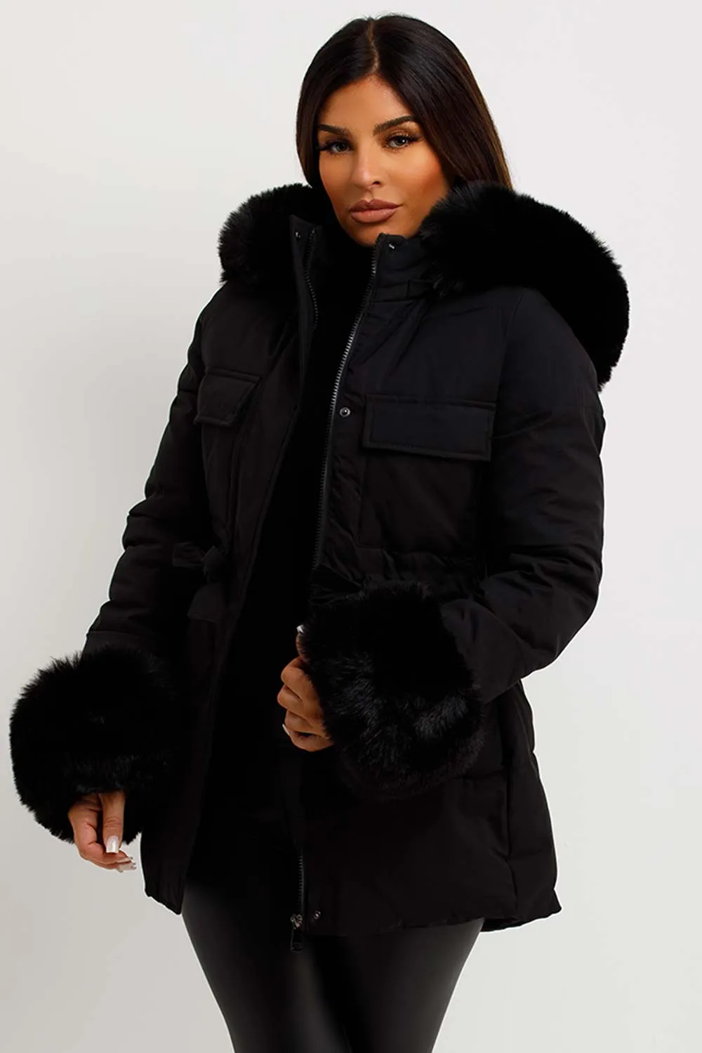 Black Puffer Coat With Faux Fur Hood Cuff And Drawstring