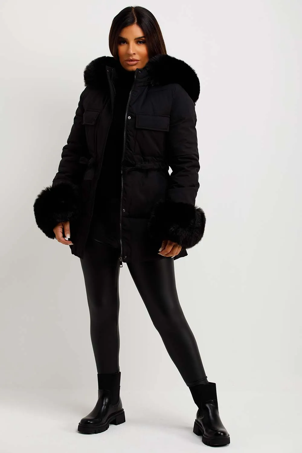 Black Puffer Coat With Faux Fur Hood Cuff And Drawstring