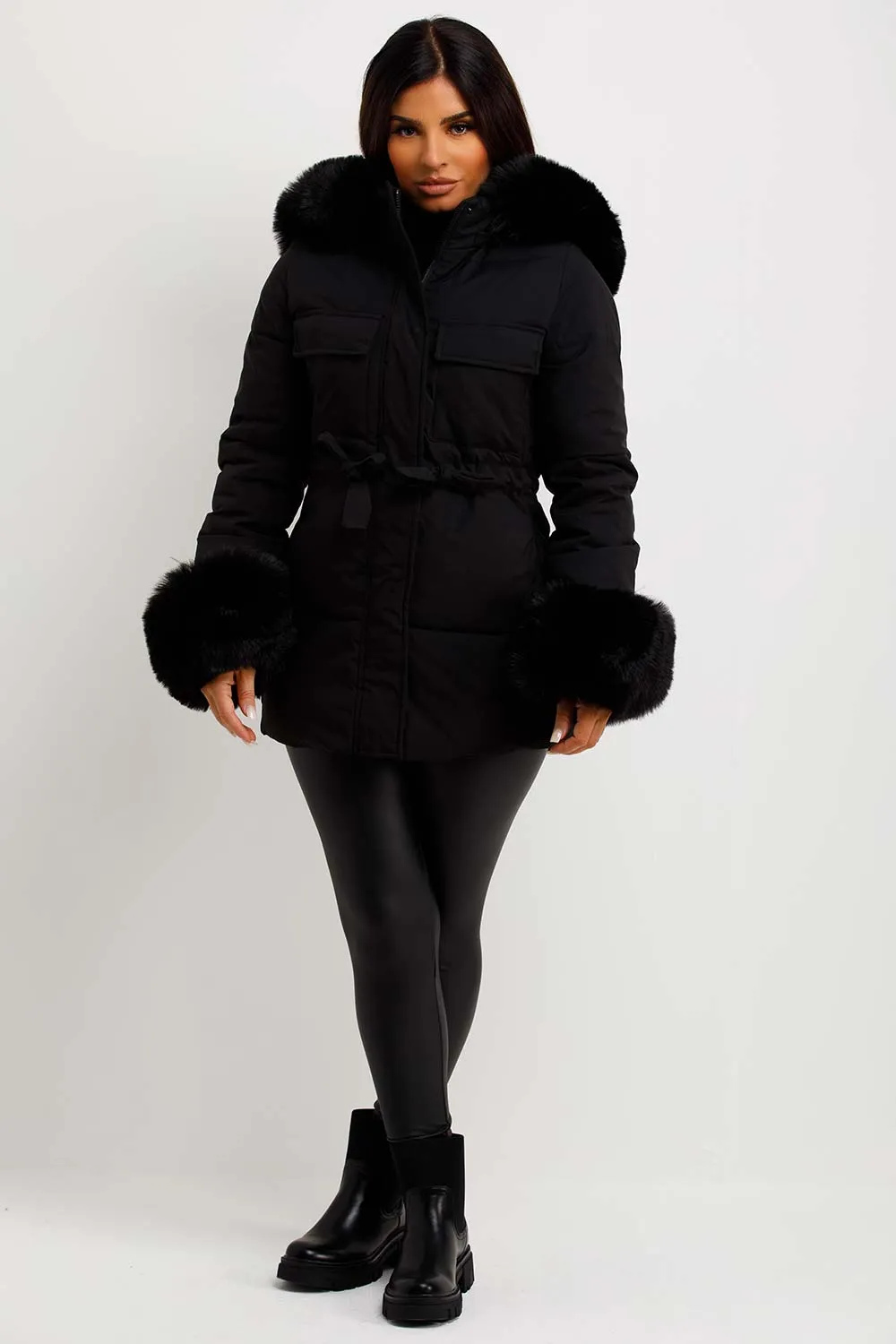 Black Puffer Coat With Faux Fur Hood Cuff And Drawstring