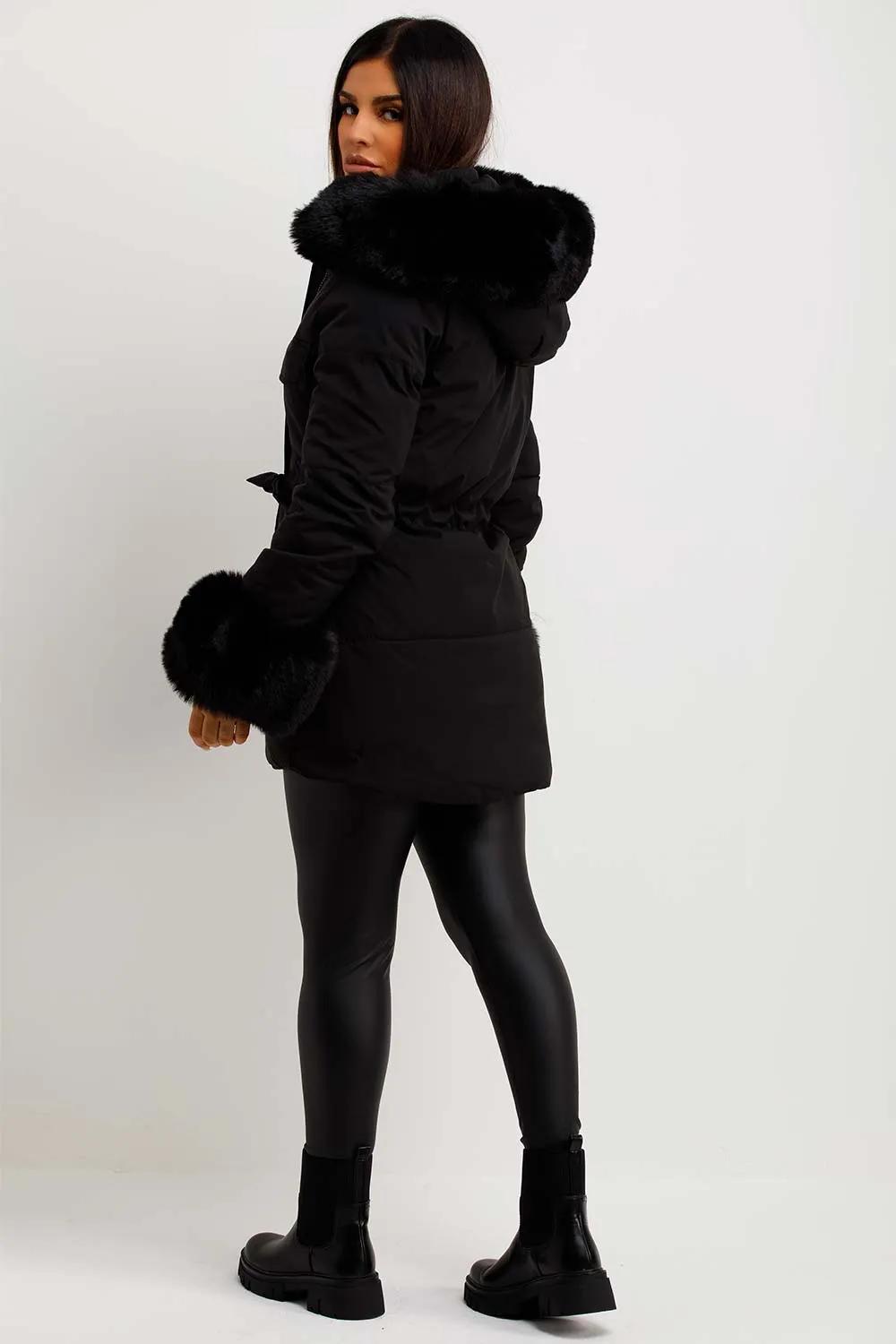 Black Puffer Coat With Faux Fur Hood Cuff And Drawstring