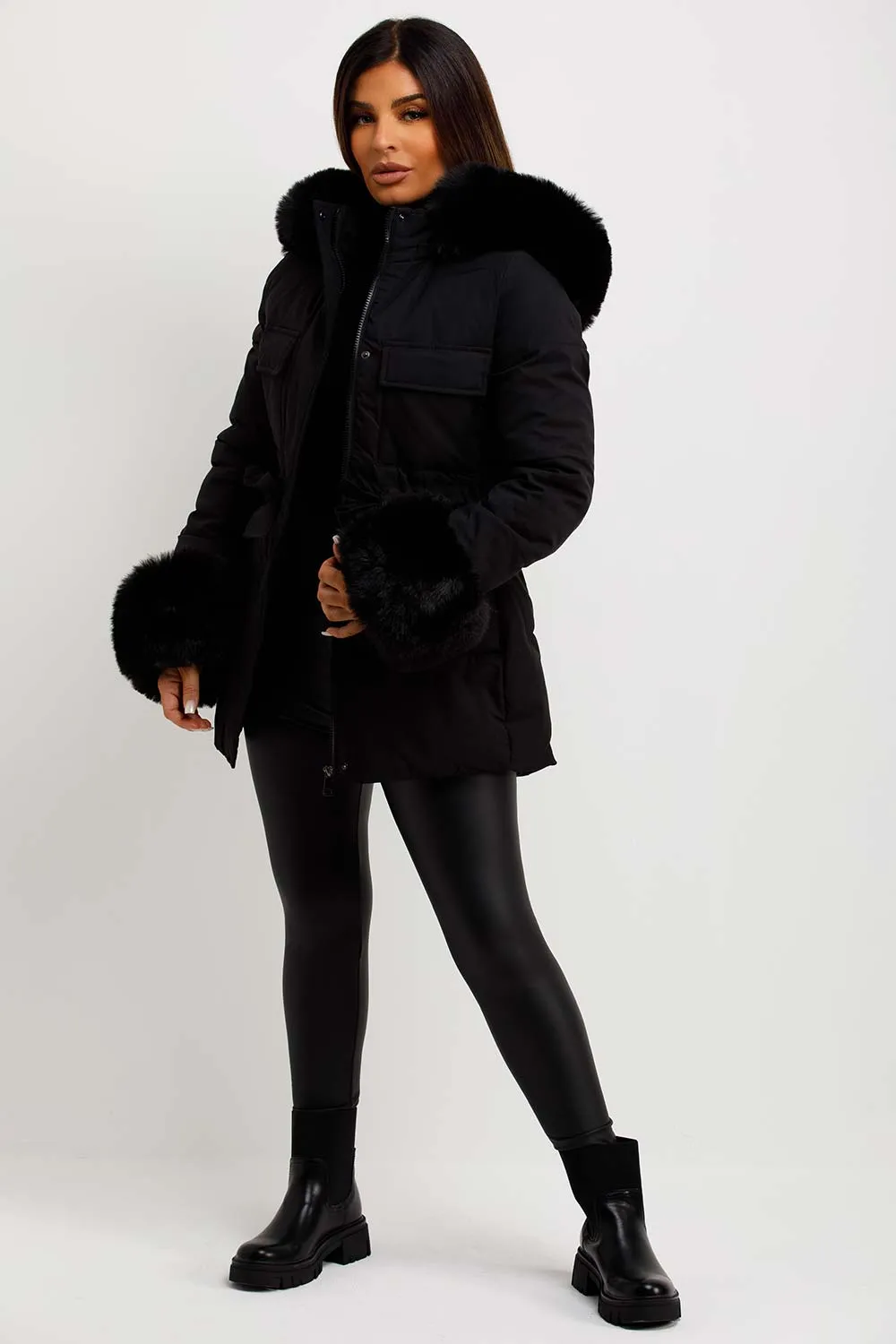 Black Puffer Coat With Faux Fur Hood Cuff And Drawstring