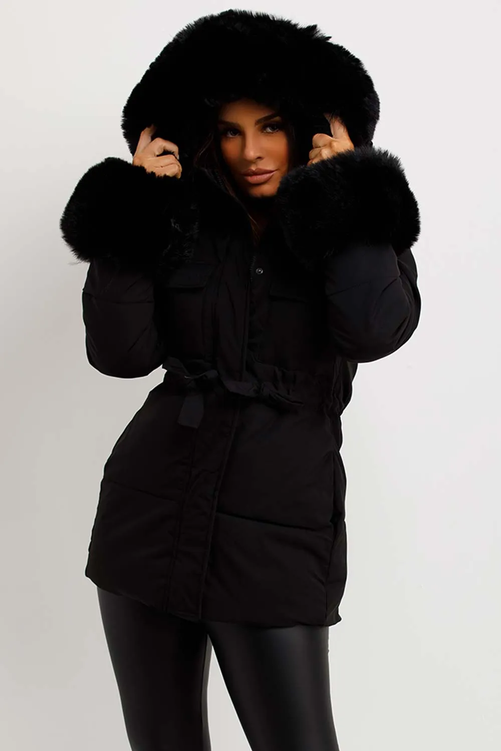 Black Puffer Coat With Faux Fur Hood Cuff And Drawstring