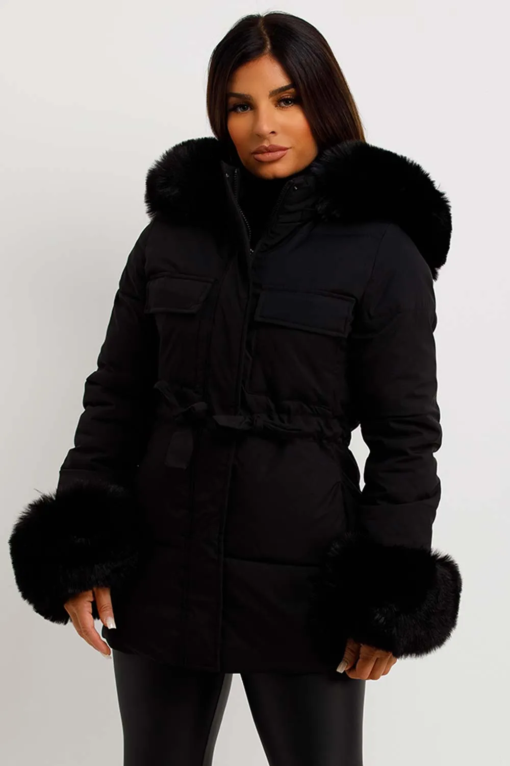 Black Puffer Coat With Faux Fur Hood Cuff And Drawstring