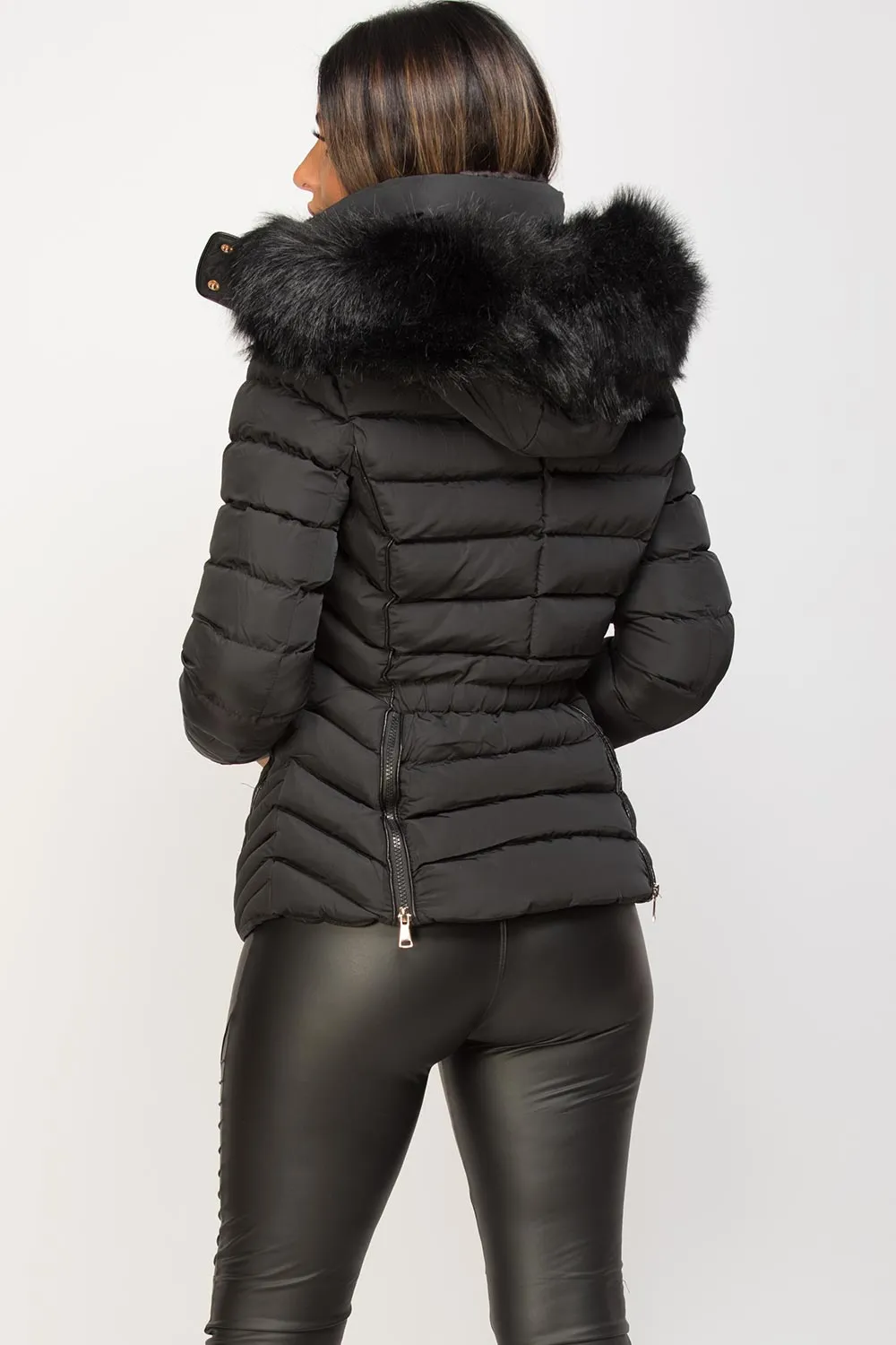 Black Puffer Jacket With Faux fur Hood And Quilted Detail