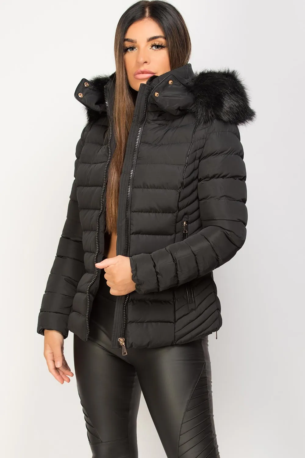 Black Puffer Jacket With Faux fur Hood And Quilted Detail