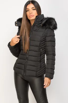 Black Puffer Jacket With Faux fur Hood And Quilted Detail