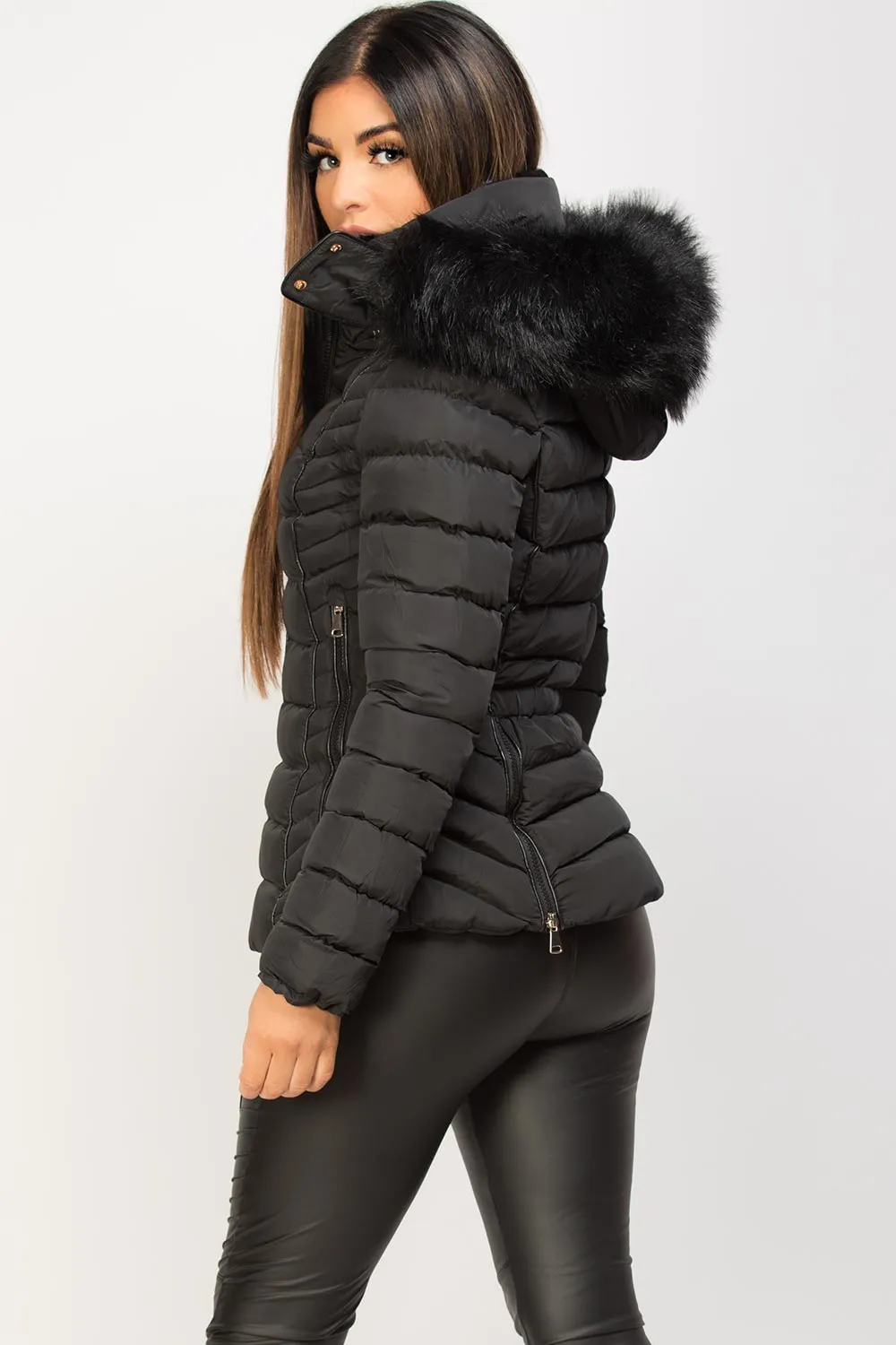 Black Puffer Jacket With Faux fur Hood And Quilted Detail