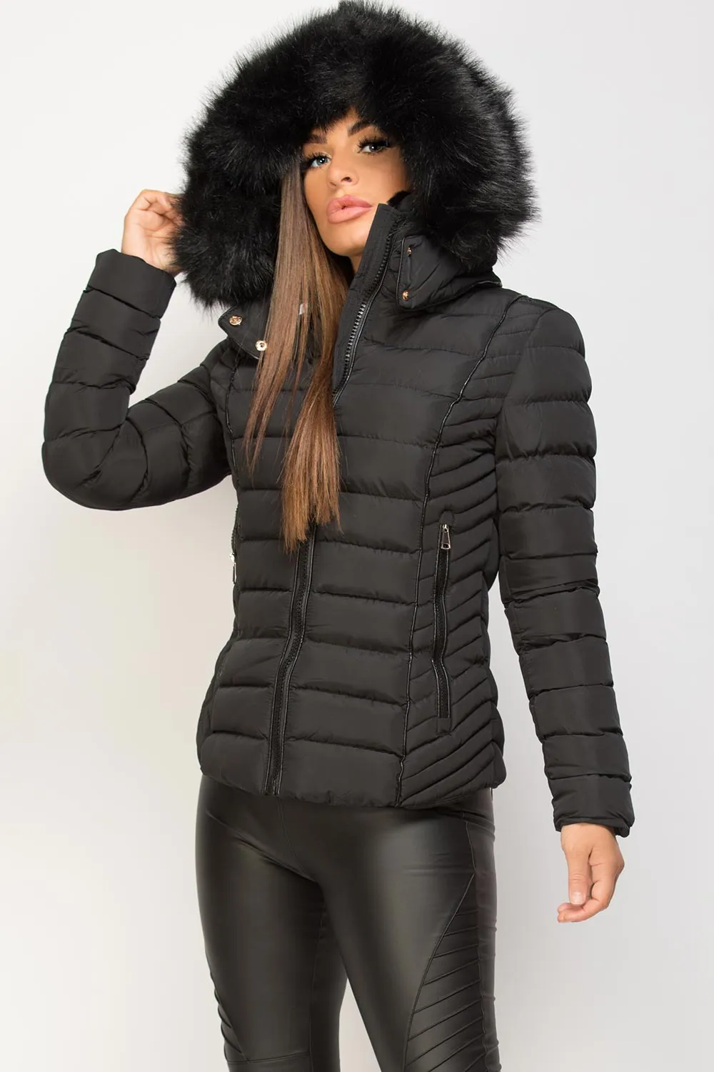 Black Puffer Jacket With Faux fur Hood And Quilted Detail