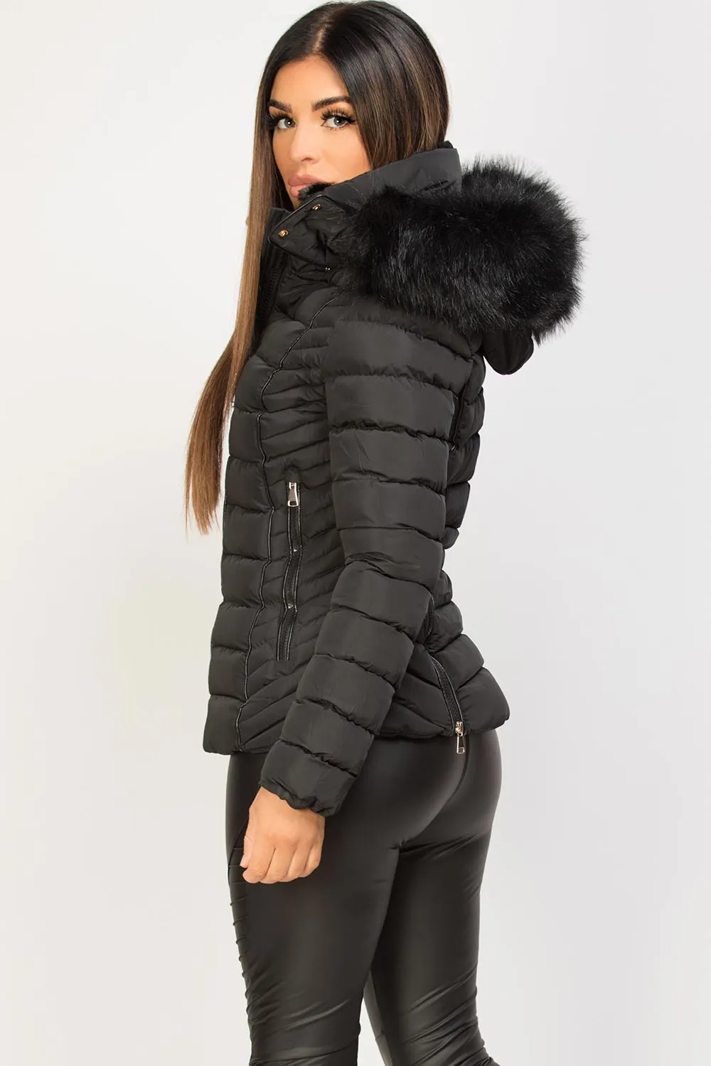 Black Puffer Jacket With Faux fur Hood And Quilted Detail