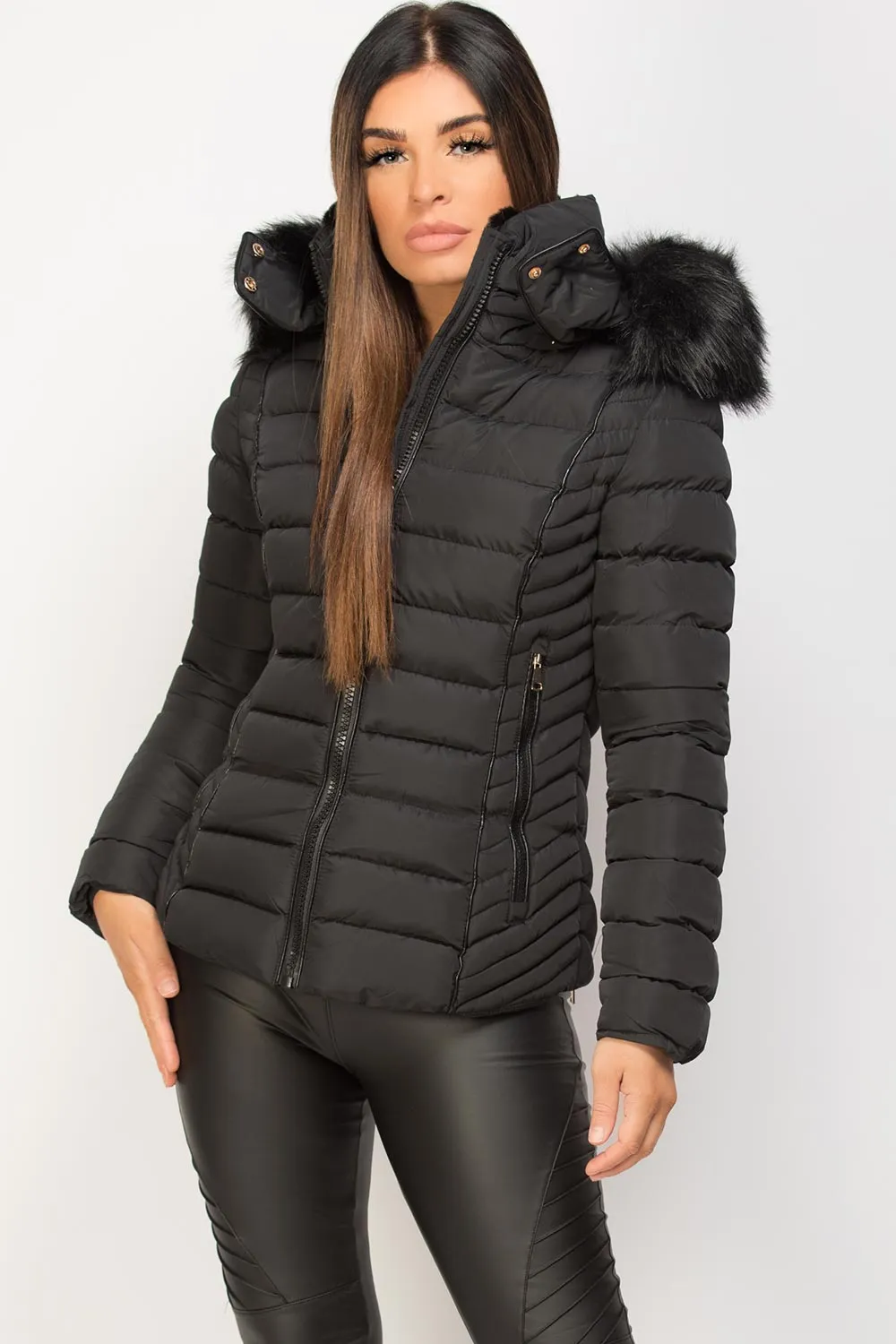 Black Puffer Jacket With Faux fur Hood And Quilted Detail