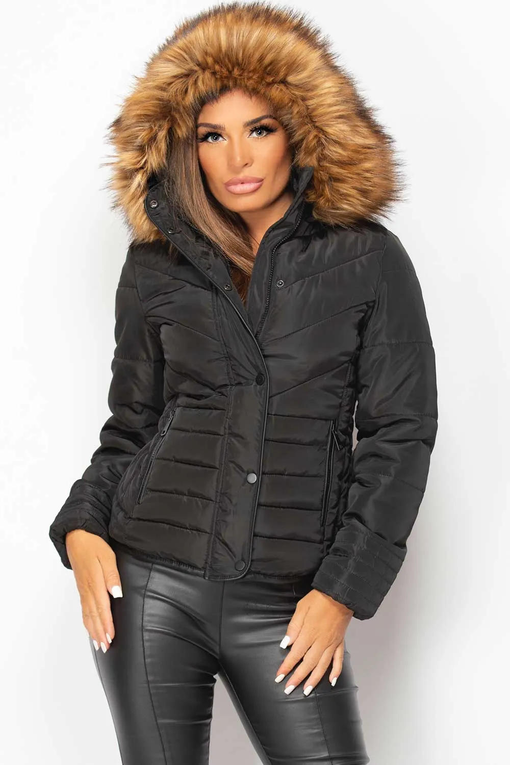 Black Quilted Puffer Coat With Big Faux Fur Hood