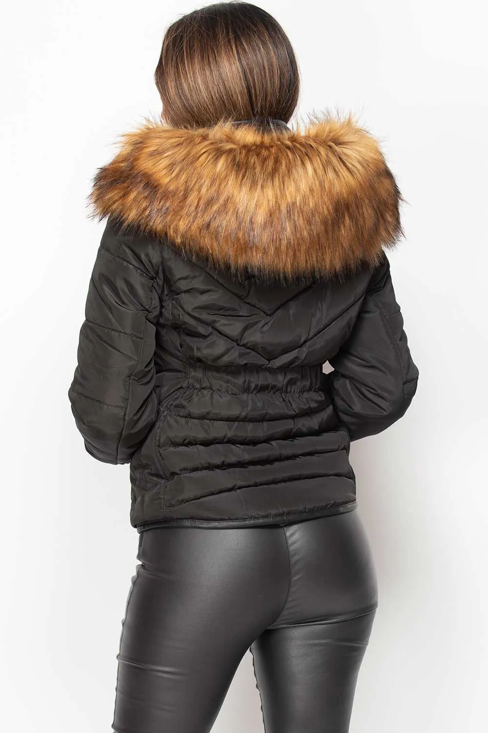 Black Quilted Puffer Coat With Big Faux Fur Hood