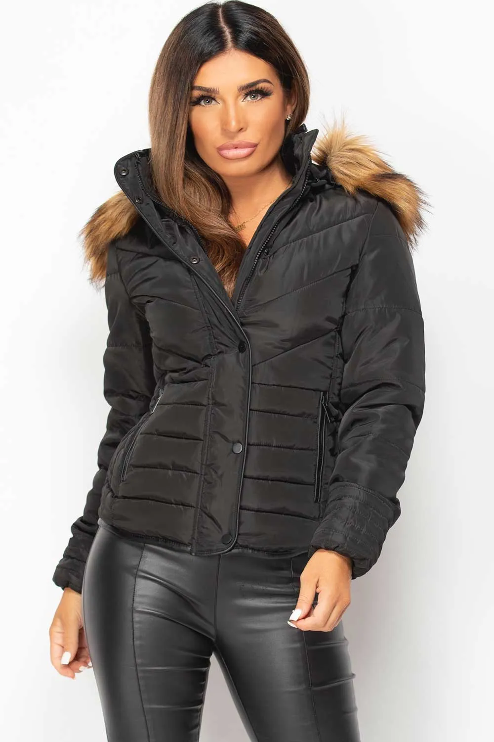 Black Quilted Puffer Coat With Big Faux Fur Hood