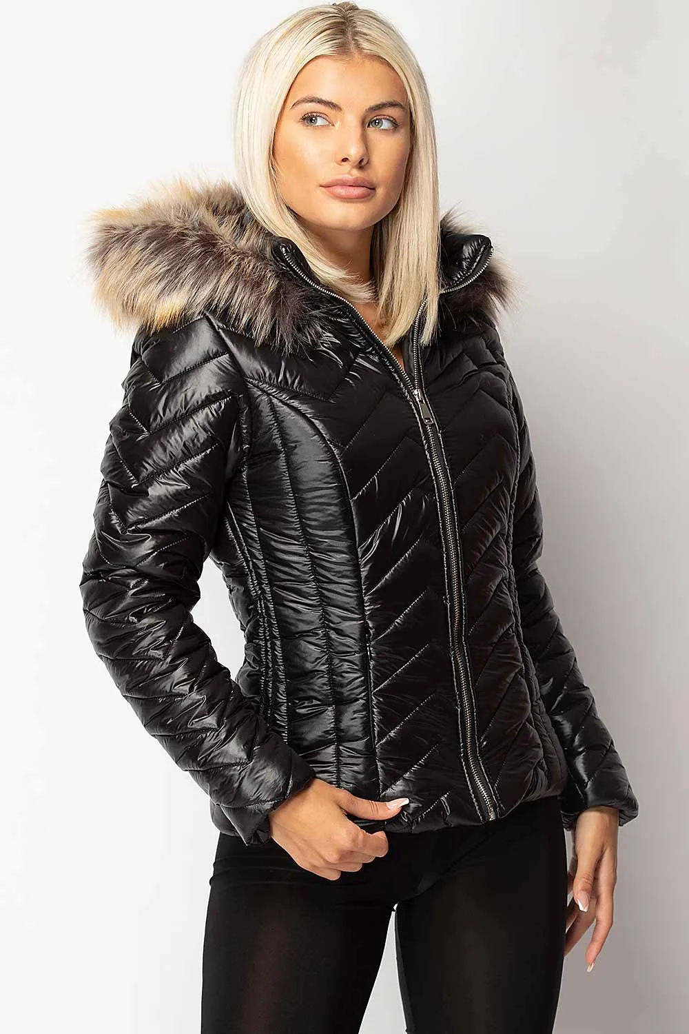 Black Shiny Puffer Quilted Jacket