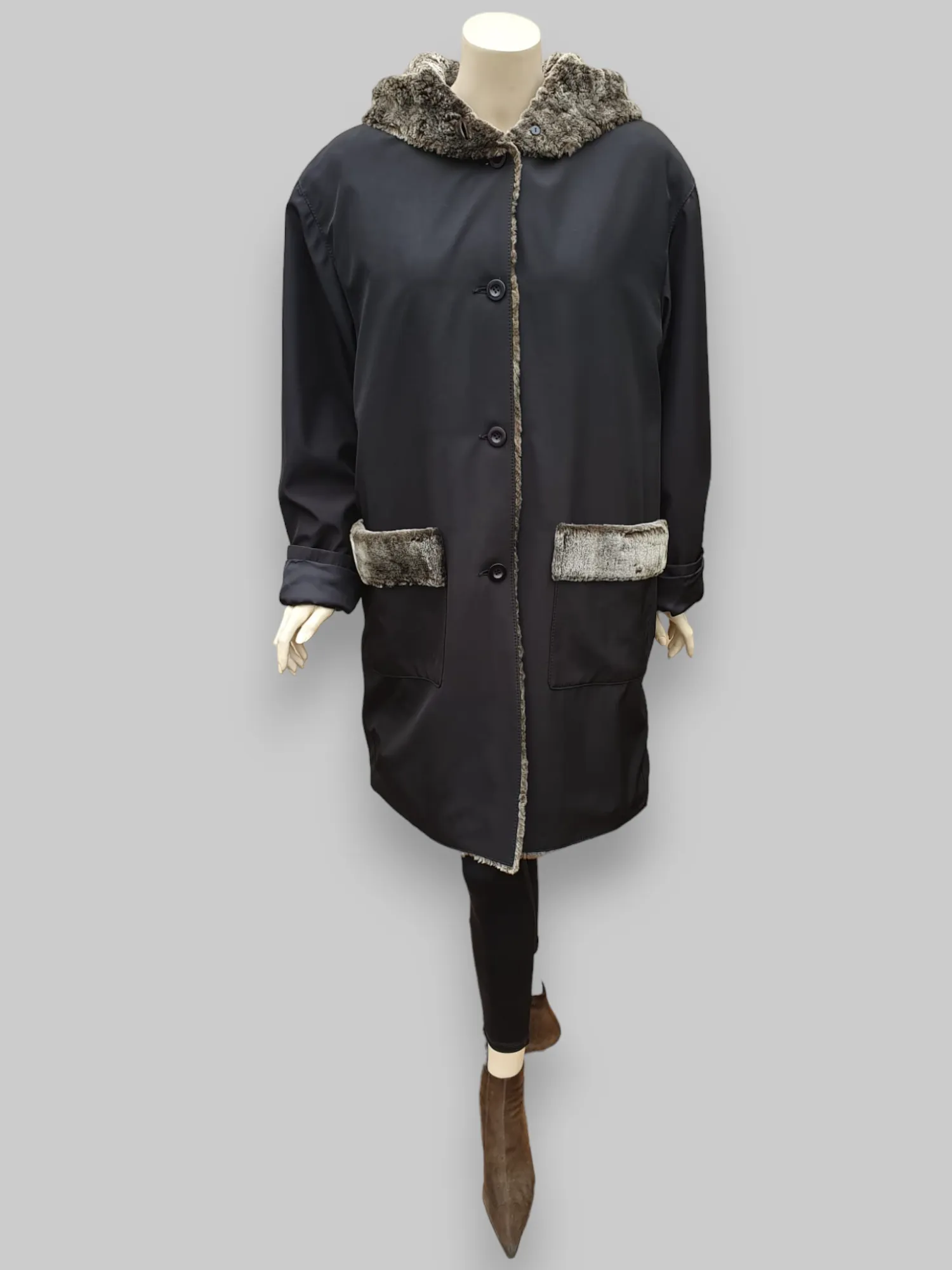 Black Two-Tone Shearling Lined Raincoat -Size 44