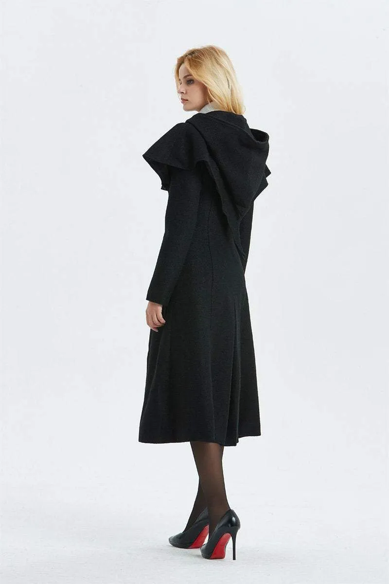 black wool coat, long black coat, warm coat, winter coat, womens black coat, hooded coat, coat with pockets, custom coat, vintage coat C1342