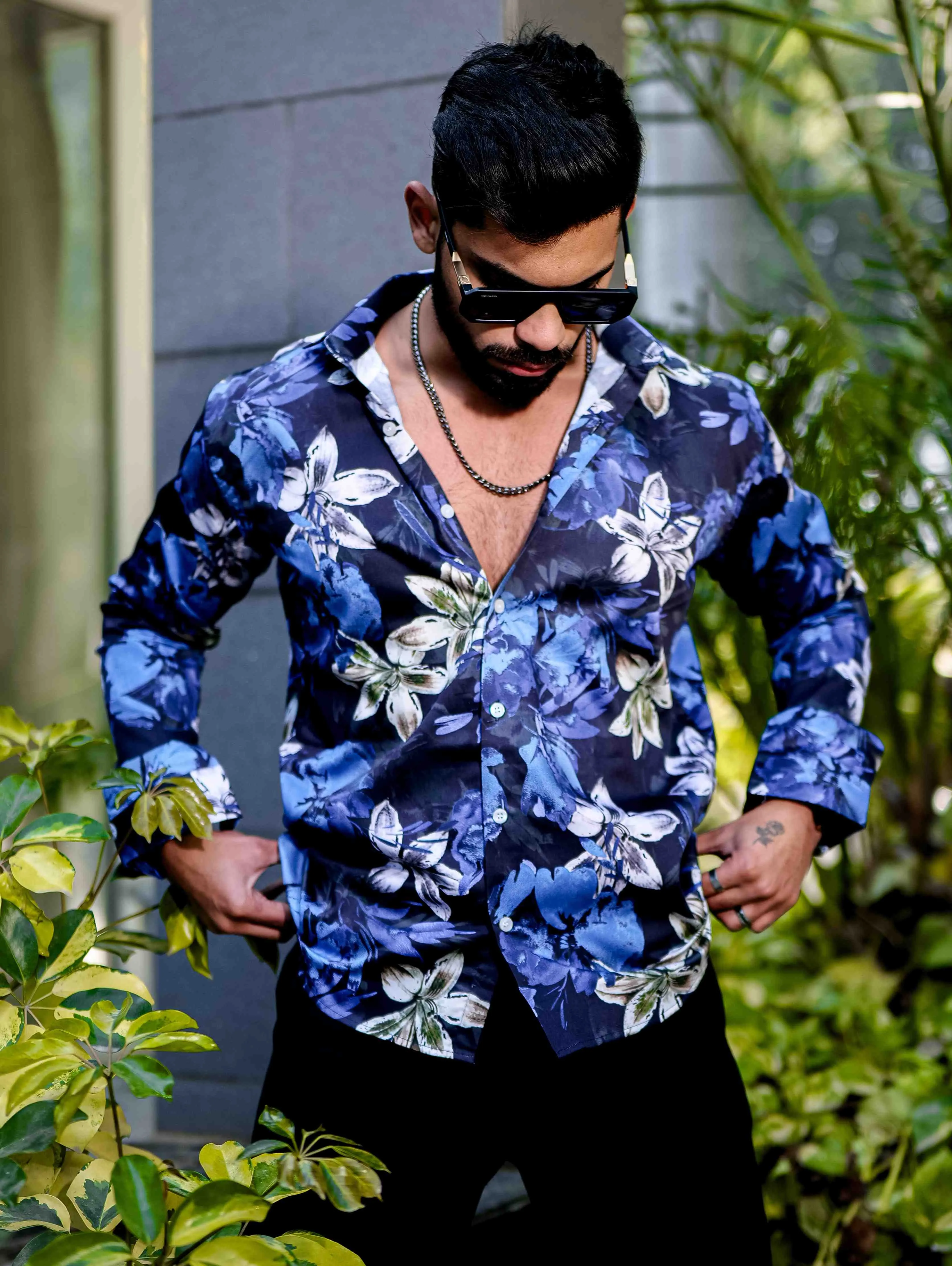 Blue Flower Giza Cotton Print Premium Shirt