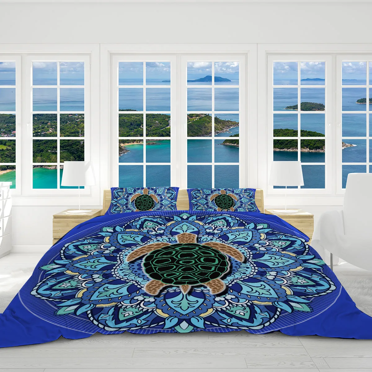 Blue Mandala Turtle Reversible Bed Cover Set