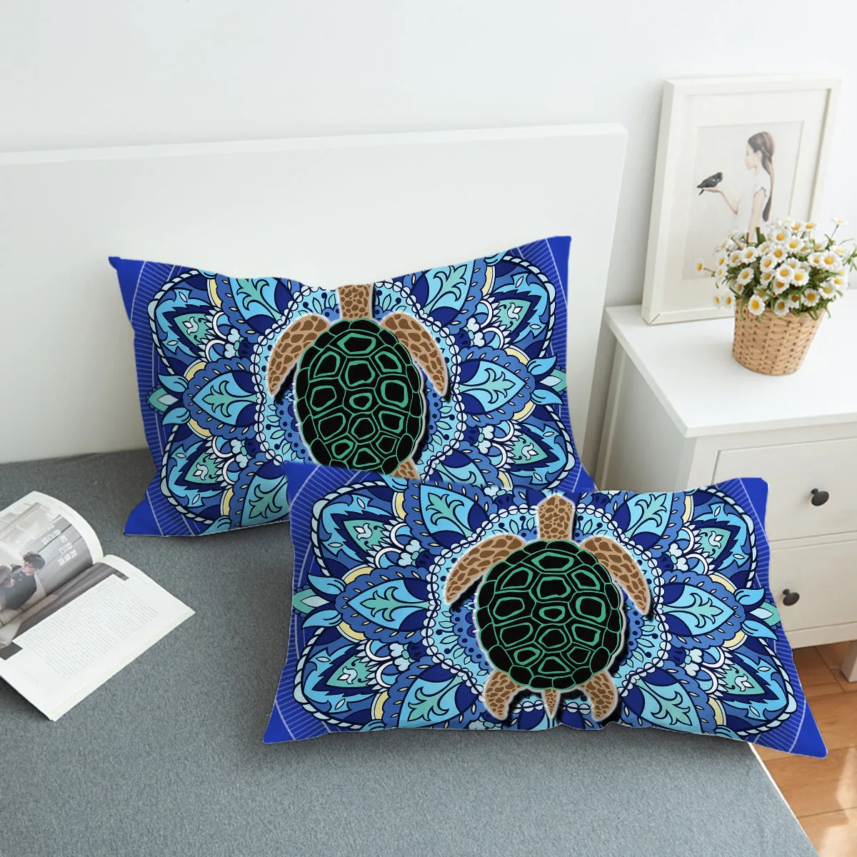 Blue Mandala Turtle Reversible Bed Cover Set