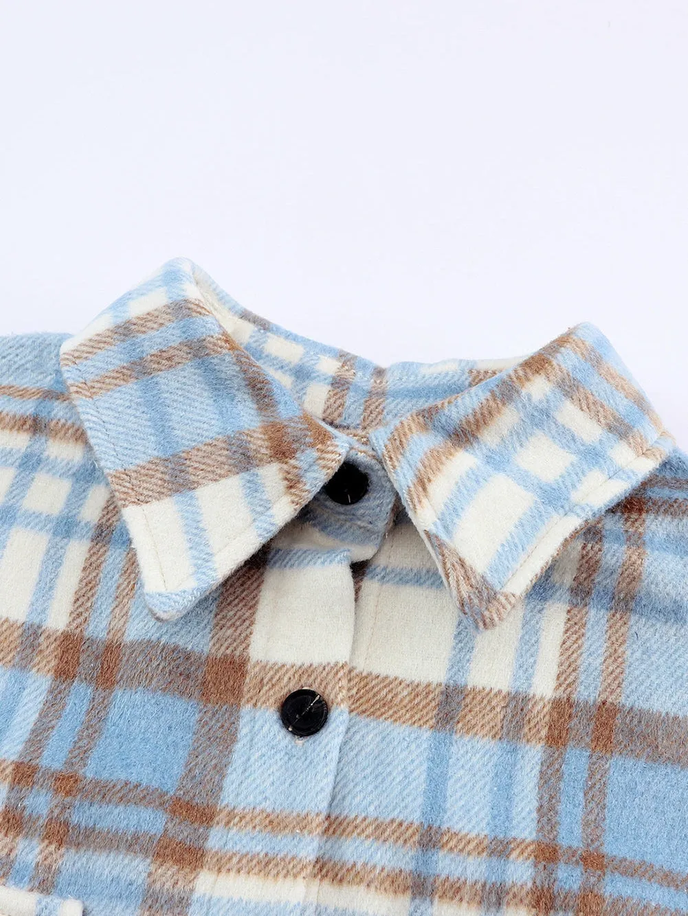 Blue Plaid Button-Up Long Sleeve Shacket with Flap Pockets