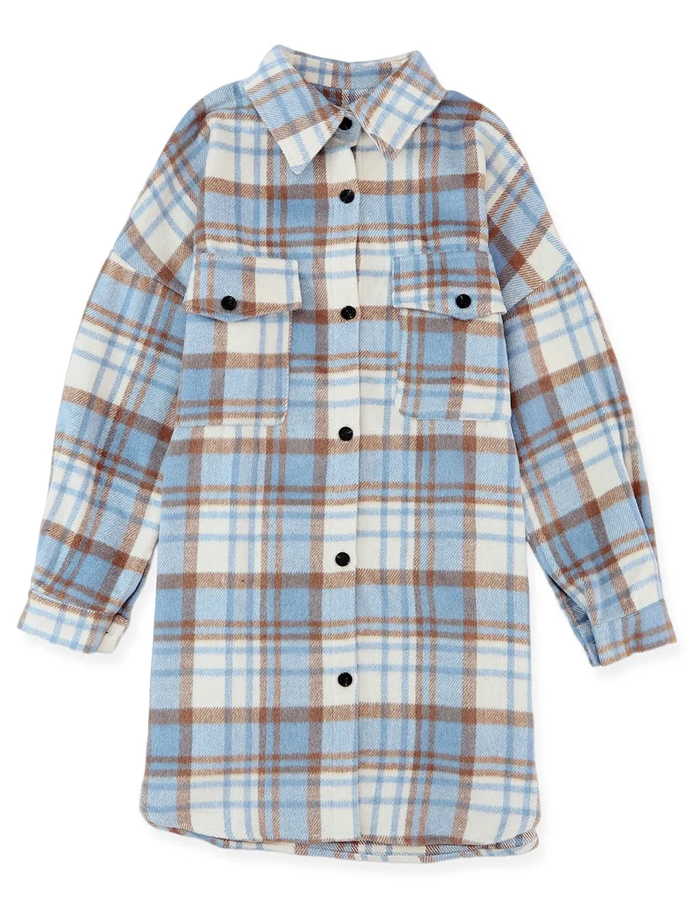 Blue Plaid Button-Up Long Sleeve Shacket with Flap Pockets