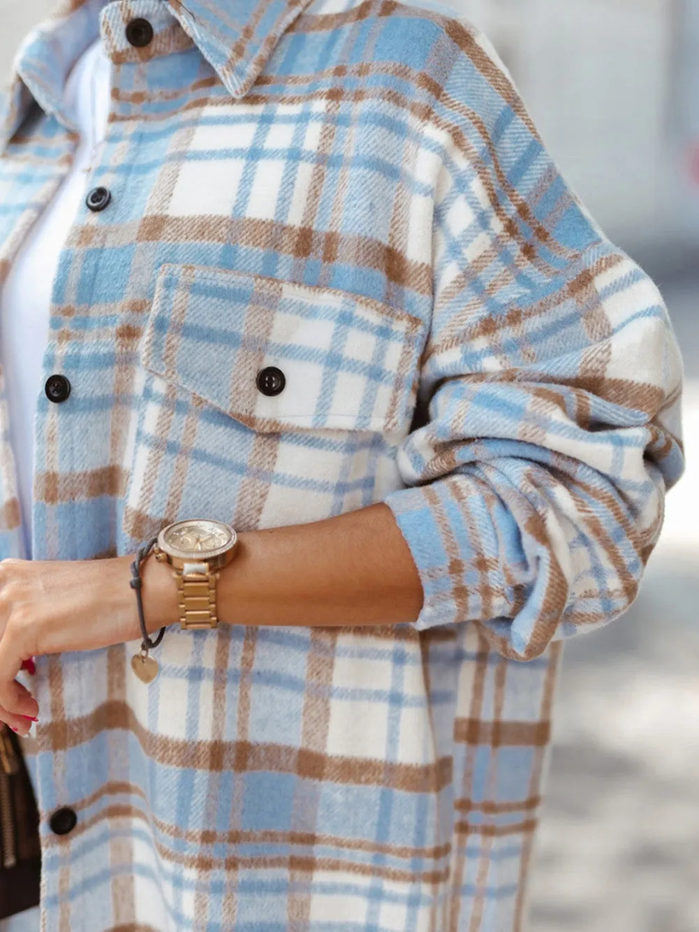 Blue Plaid Button-Up Long Sleeve Shacket with Flap Pockets