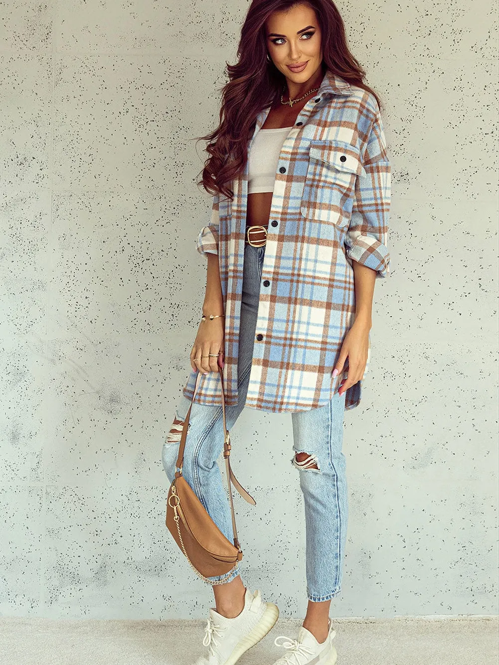 Blue Plaid Button-Up Long Sleeve Shacket with Flap Pockets