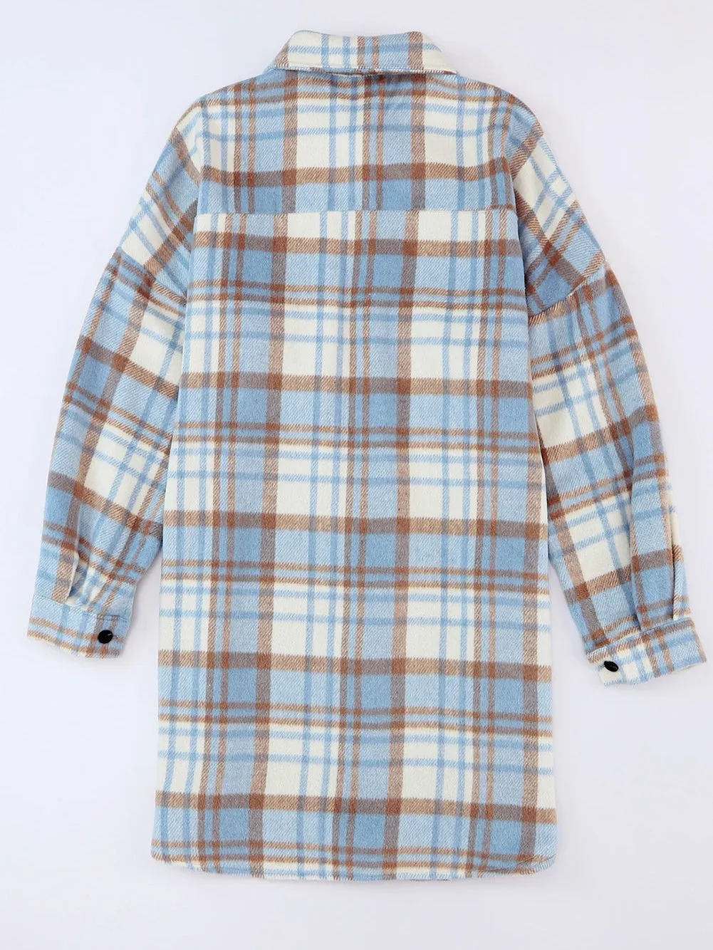 Blue Plaid Button-Up Long Sleeve Shacket with Flap Pockets